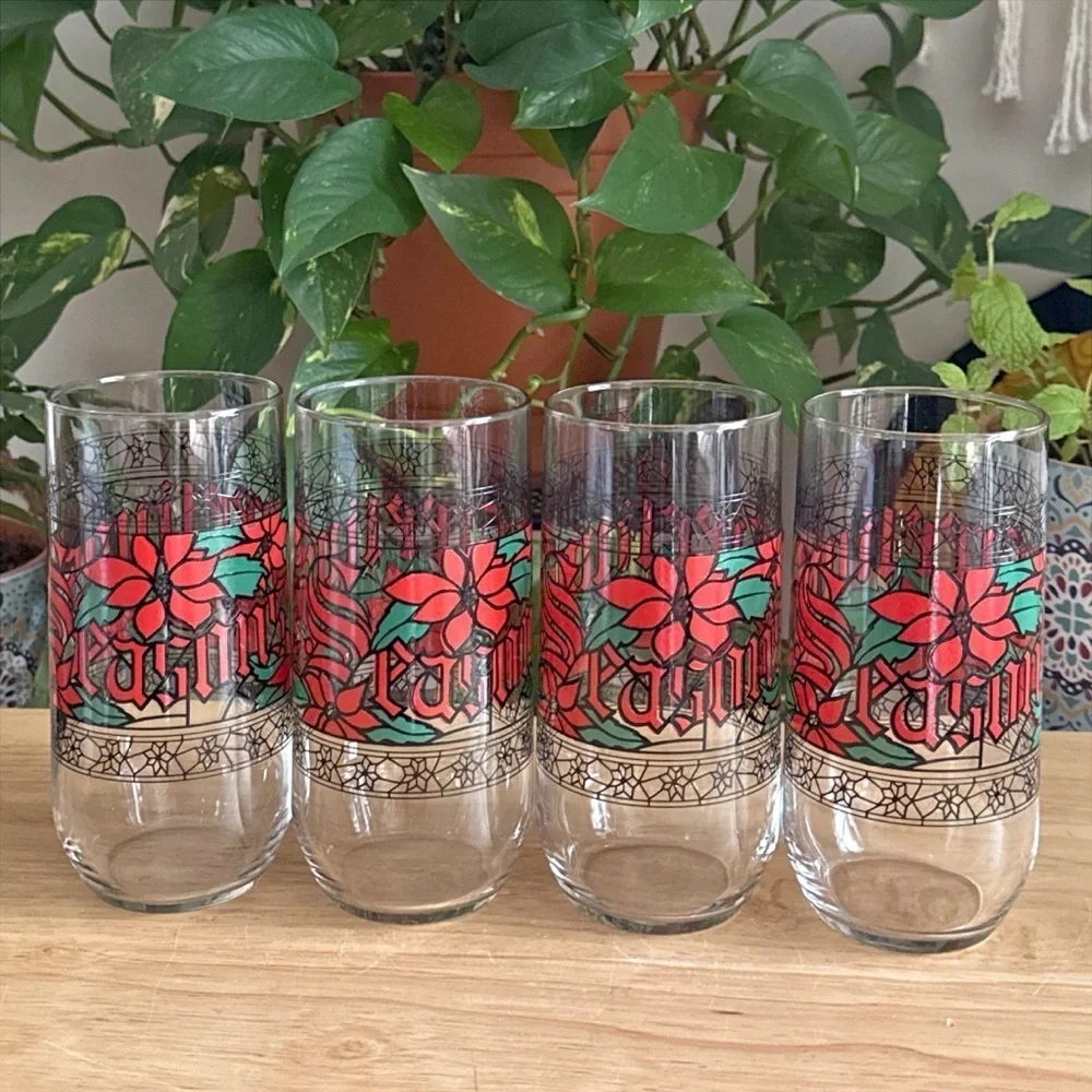 Vintage Houze Glass Season's Greetings Poinsettia Stained Glass 16oz Tumblers 4